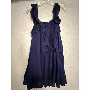 Free People FP ONE Dress‎ Small Blue Eyelet Crochet Ruffle Scoop Boho Sundress